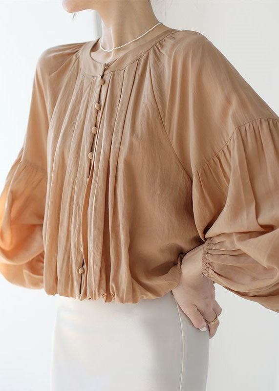 Fine Camel O Neck Wrinkled Patchwork Button Chiffon Shirt Spring