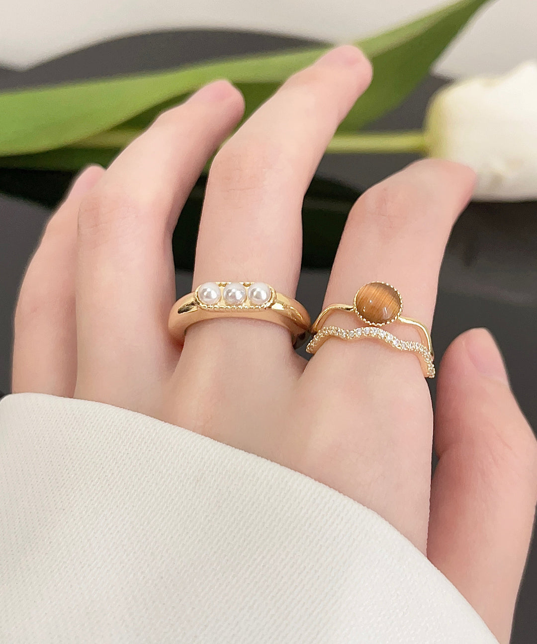 Fine Gold Overgild Inlaid Pearl Zircon Cat's Eye Stone Two Piece Set Rings