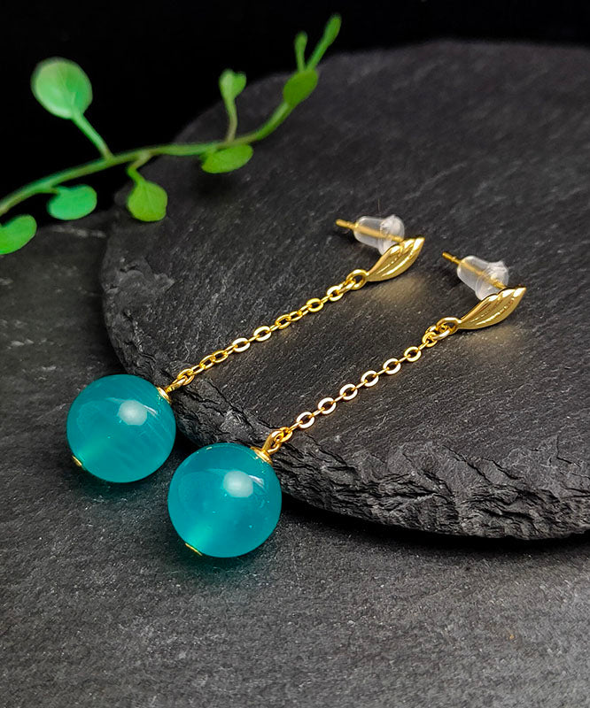 Fine Gold Sterling Silver Blue Gem Stone Drop Earrings