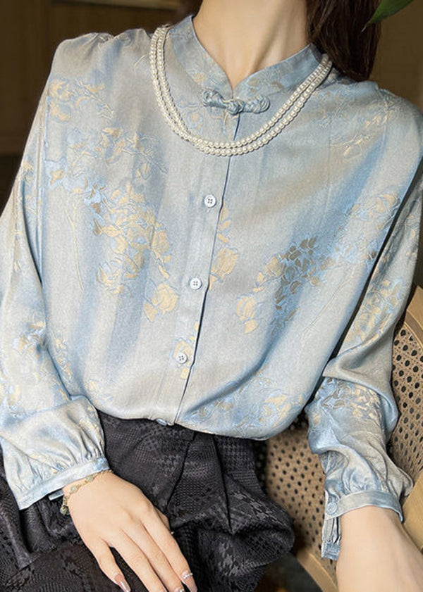 Fine Light Blue Mandarin Collar Jacquard Silk Shirt Spring