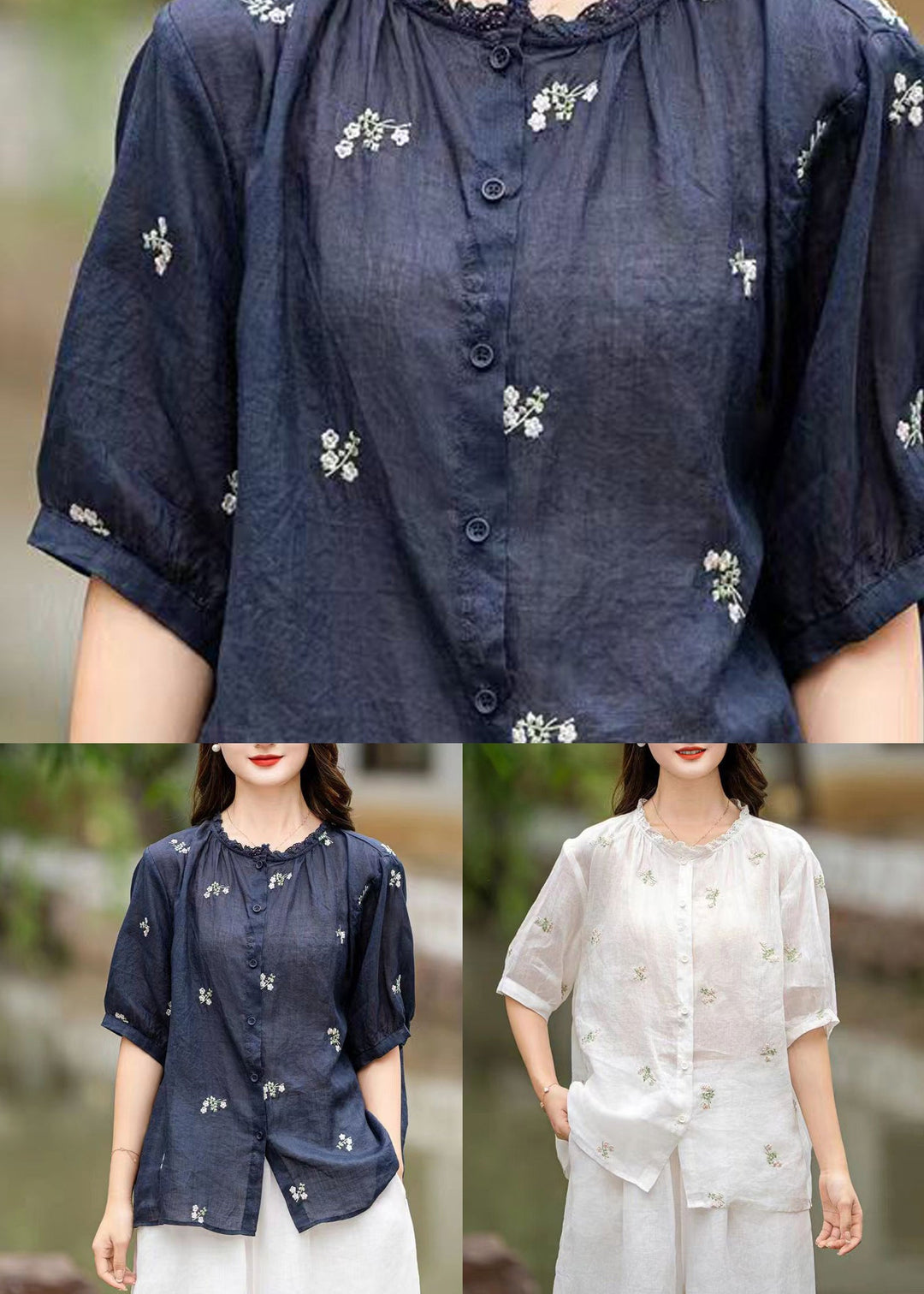 Fine Navy Embroideried Patchwork Linen Shirt Top Summer