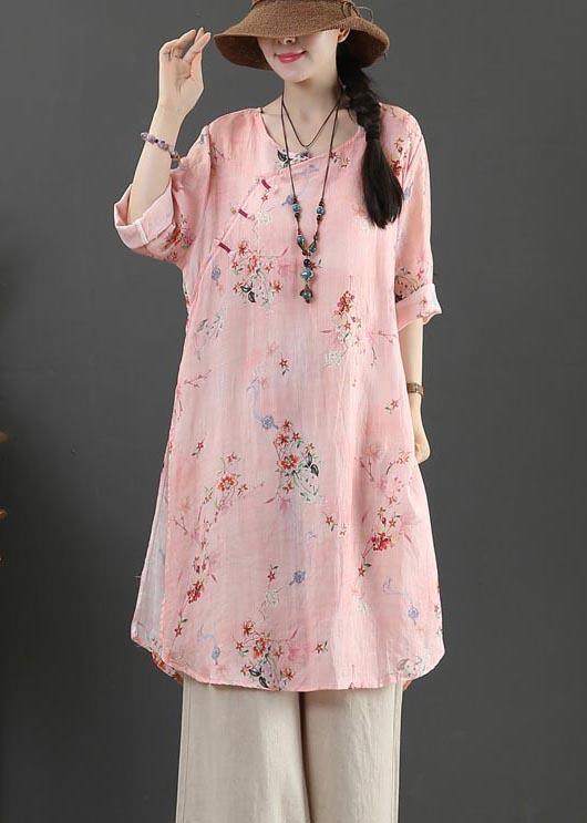 Fine Pink Print Pockets Long Linen Summer Blouse Tops - Omychic