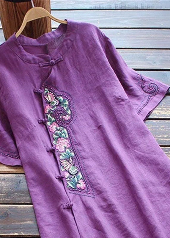 Fine Purple Embroideried Chinese Button Patchwork Line Dresses Summer