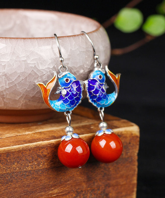 Fine Red Sterling Silver Agate Cloisonne Goldfish Drop Earrings