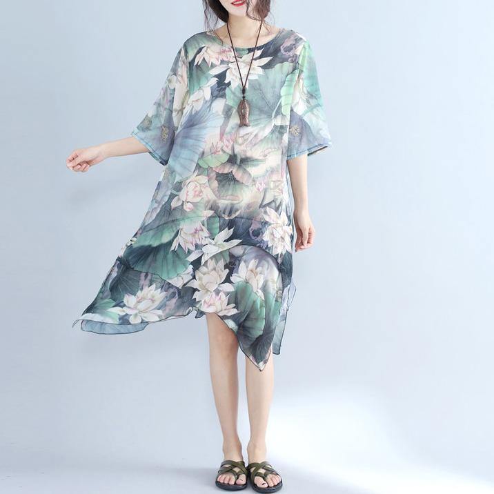Fine prints  chiffon dress plussize chiffon maxi dress boutique half sleeve asymmetric hem clothing dress - Omychic