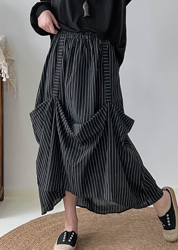 Fitted Black Asymmetrical Striped Cotton Skirts Summer