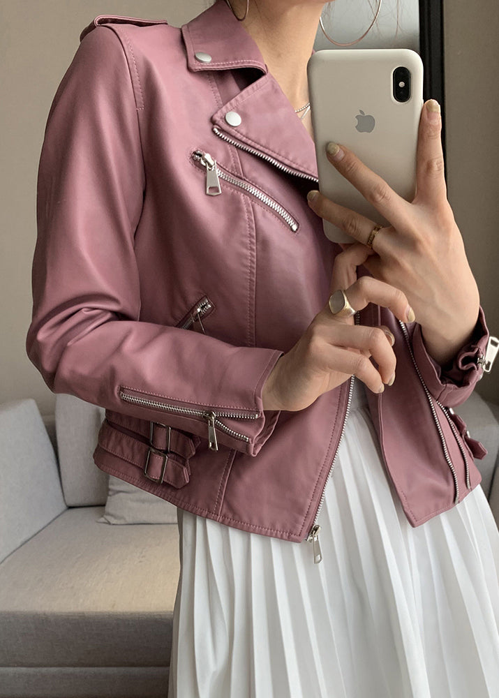 Fitted Pink Zip Up Pockets Patchwork Faux Leather Coat Fall