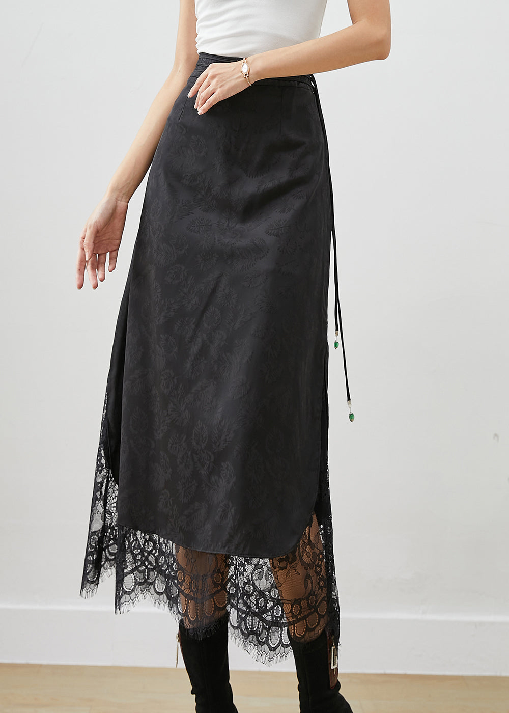 French Black Tasseled Patchwork Lace Silk Skirt Fall – Omychic