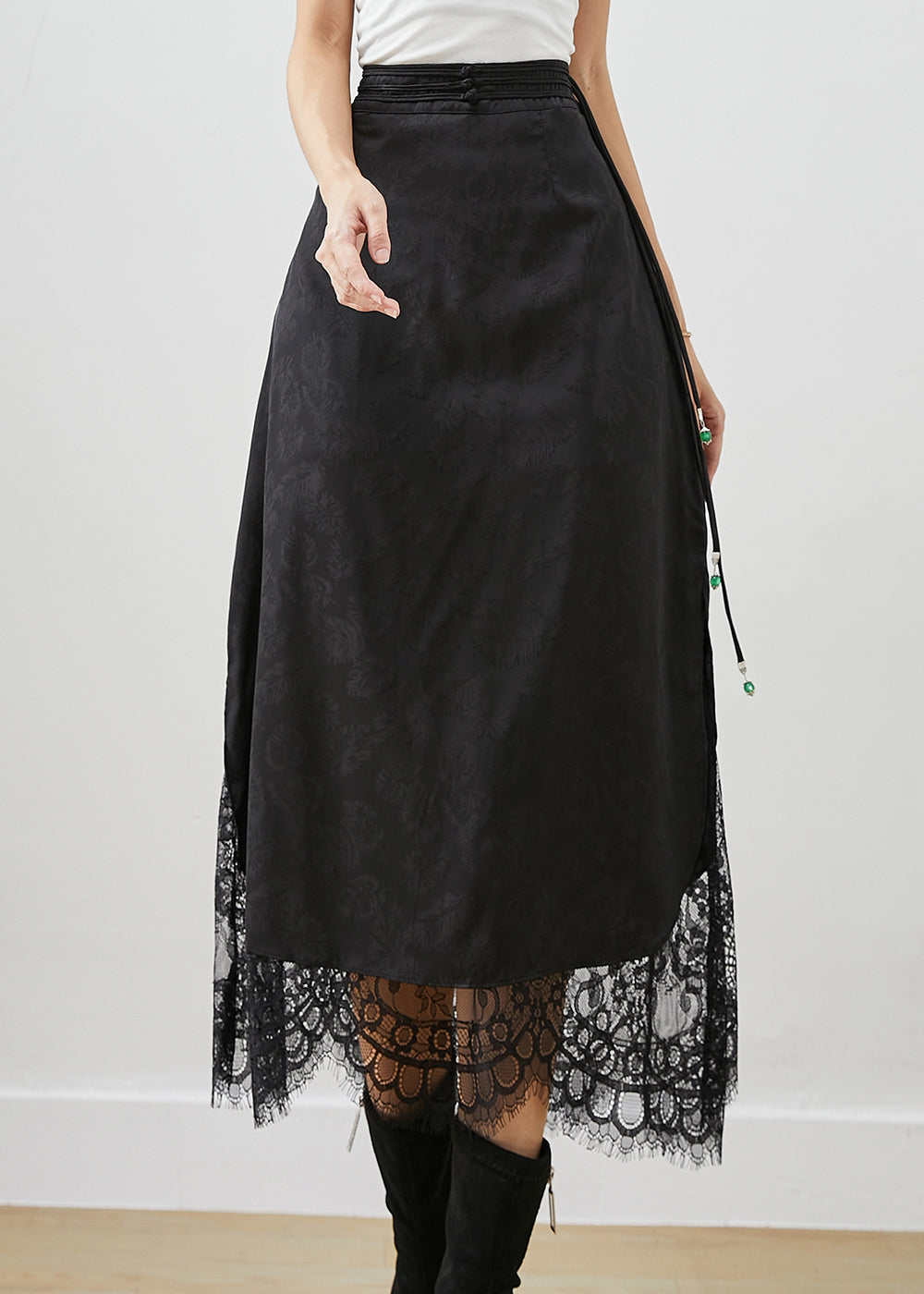 French Black Tasseled Patchwork Lace Silk Skirt Fall – Omychic