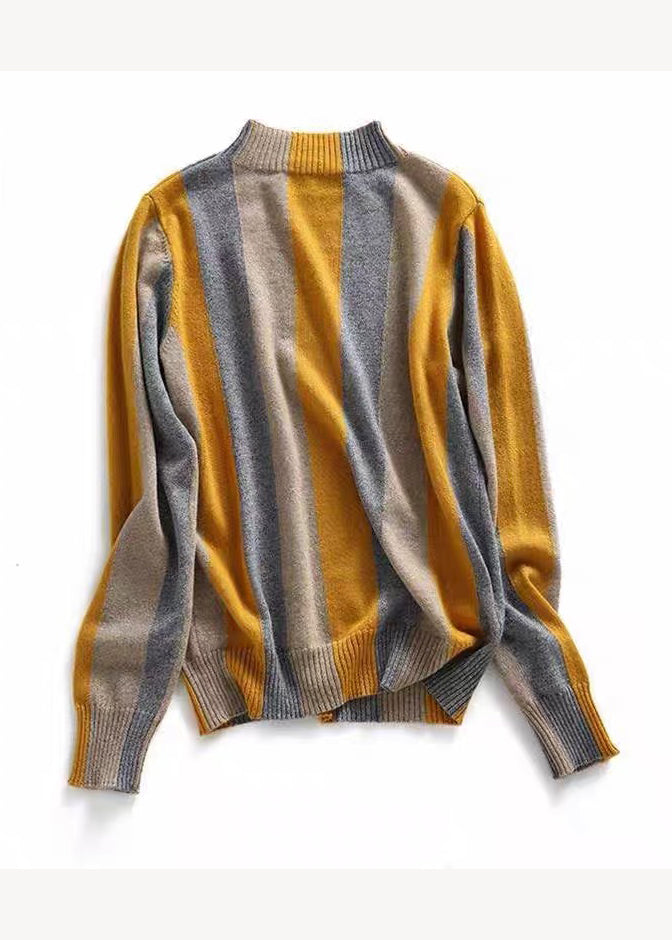 French Blue Half Hign Neck Striped Knitted Sweaters Fall