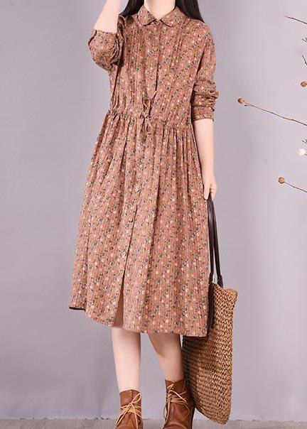 French Brown Print Dresses Lapel Drawstring Maxi Spring Dress - Omychic