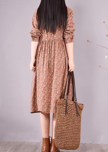 French Brown Print Dresses Lapel Drawstring Maxi Spring Dress - Omychic