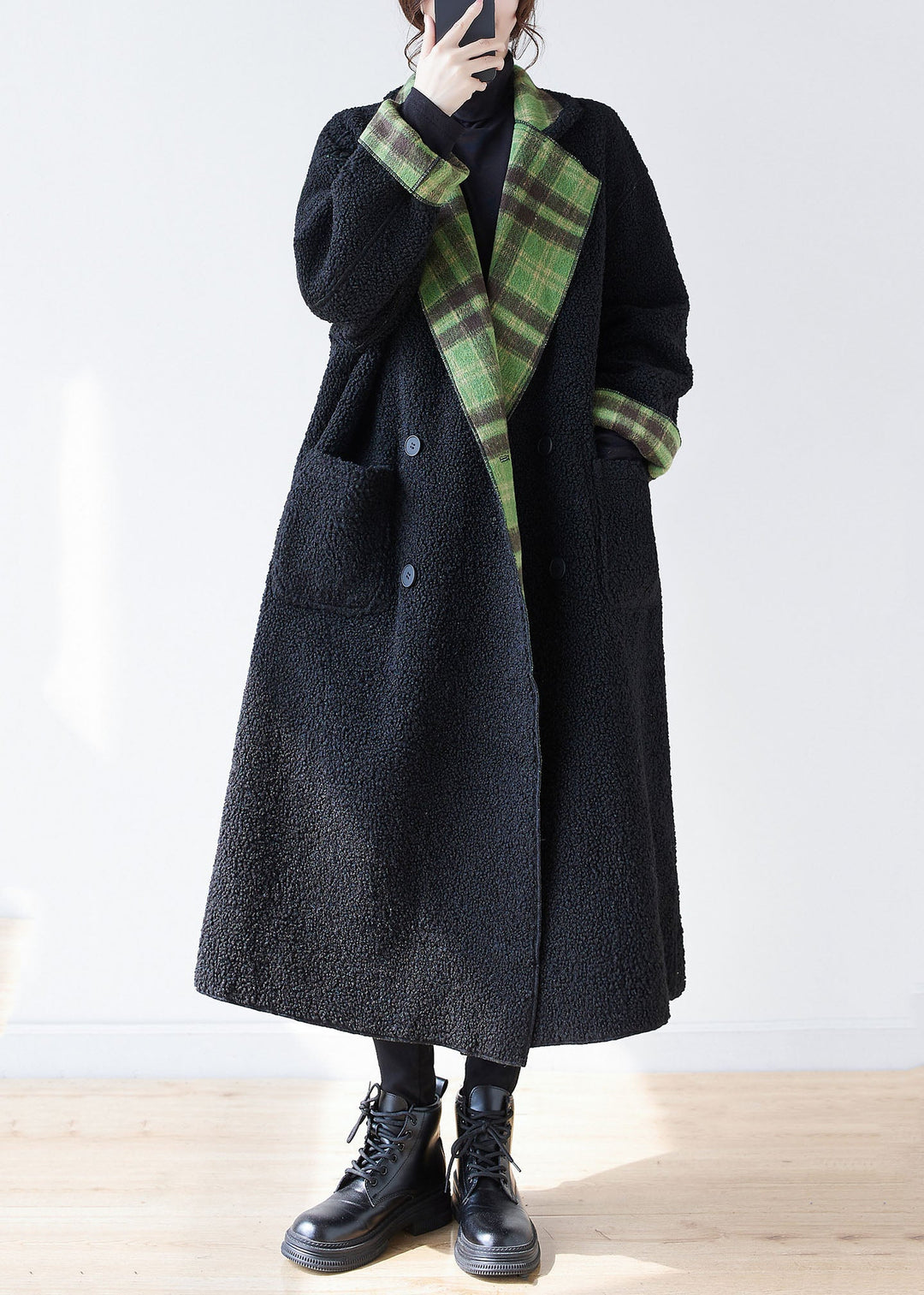 French Green Plaid Notched Wear On Both Sides Warm Fleece Faux Fur Trench Coats Long Sleeve