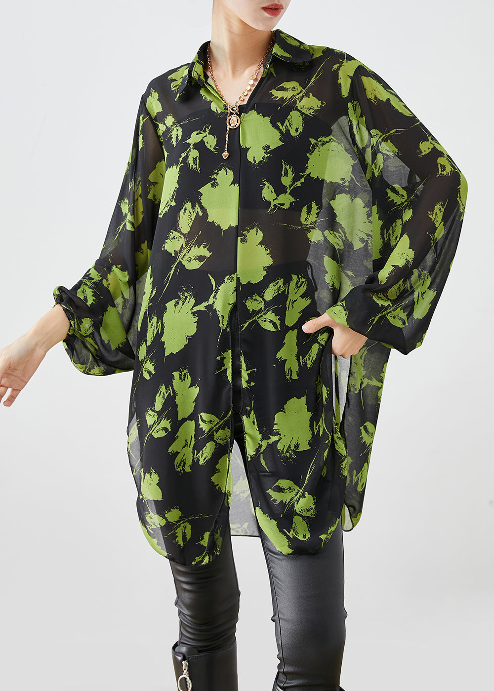 French Green Print Oversized Chiffon Blouses Lantern Sleeve