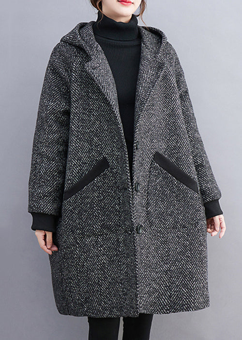 French Grey Hooded Button Pockets Thick Woolen Coats Winter