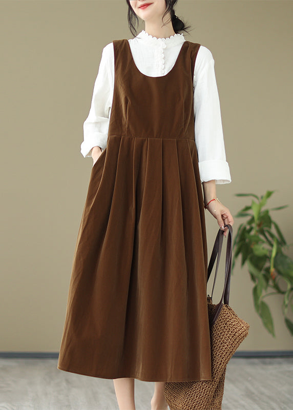 French Light Brown U Neck Bow Velour Strap Dress Spring