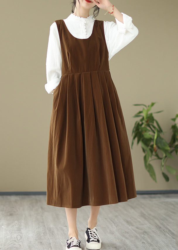 French Light Brown U Neck Bow Velour Strap Dress Spring