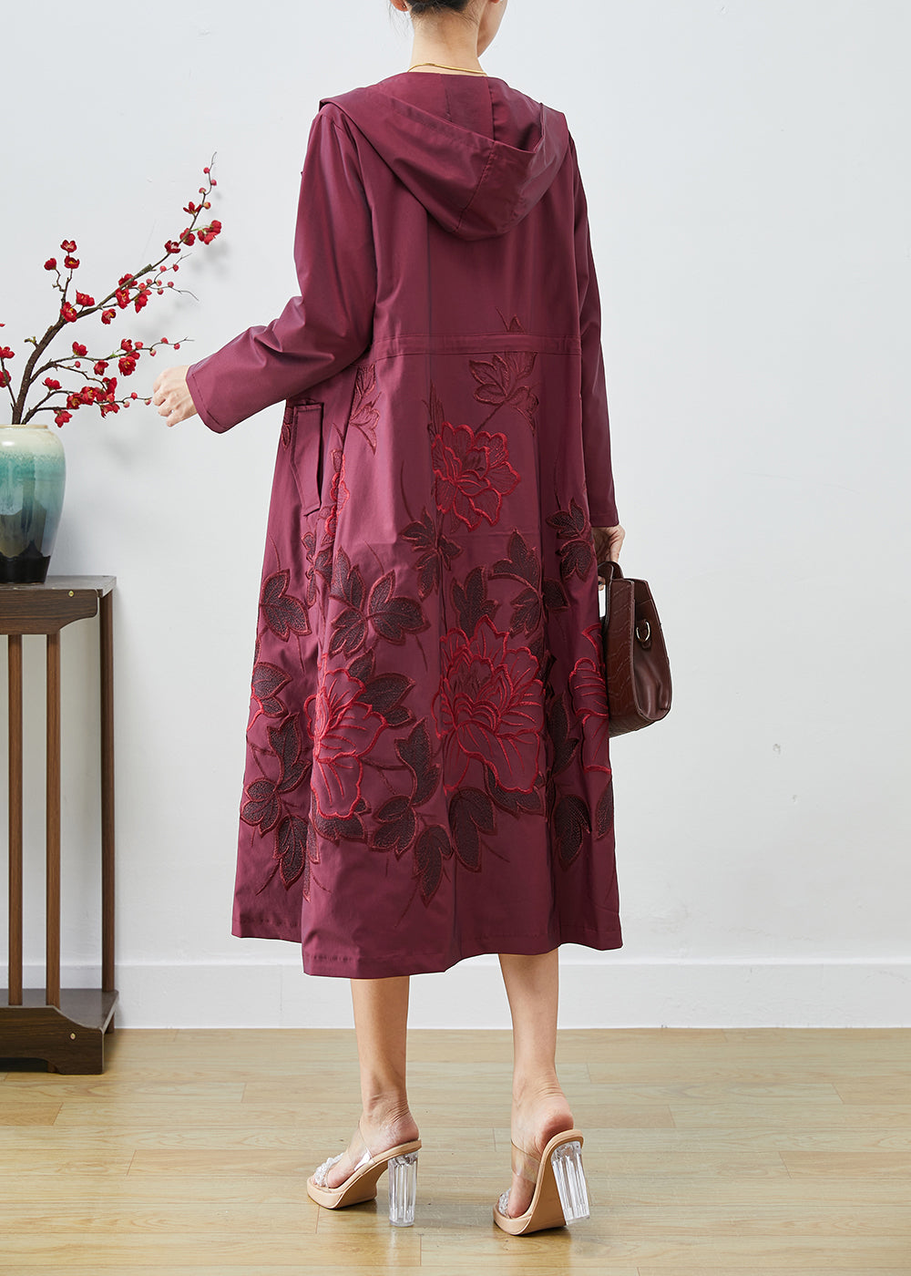 French Mulberry Embroideried Drawstring Spandex Coats Fall