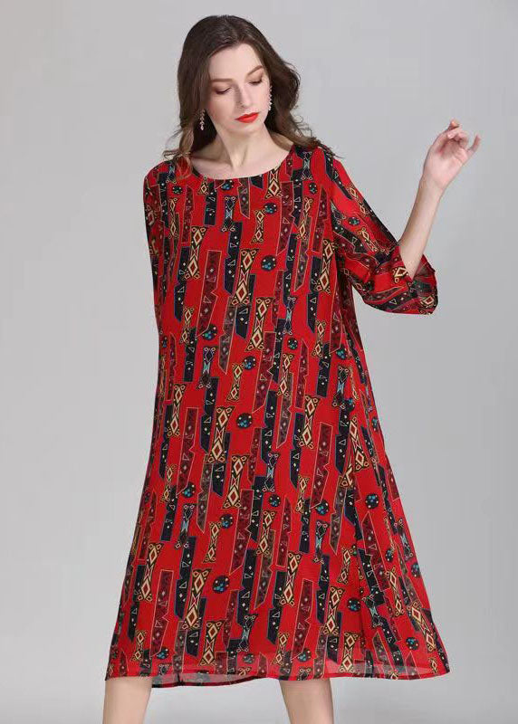 French Red O Neck Print Patchwork Chiffon Mid Dress Summer