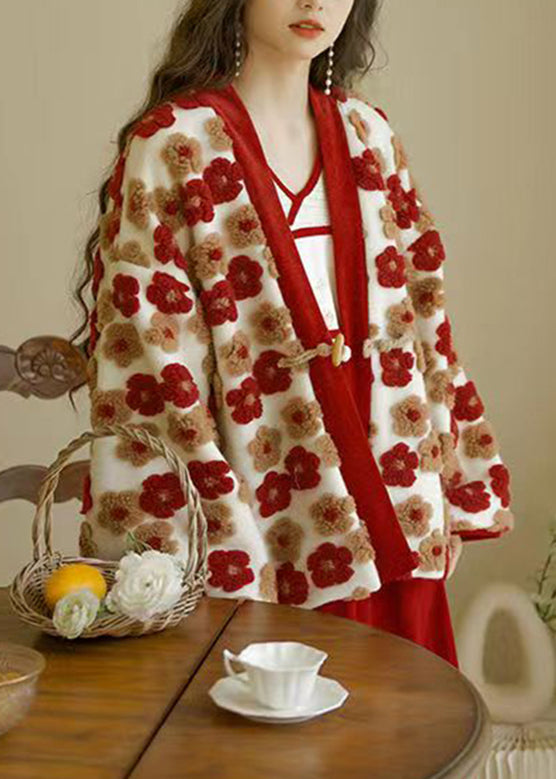 French Red V Neck Floral Warm Coat Winter