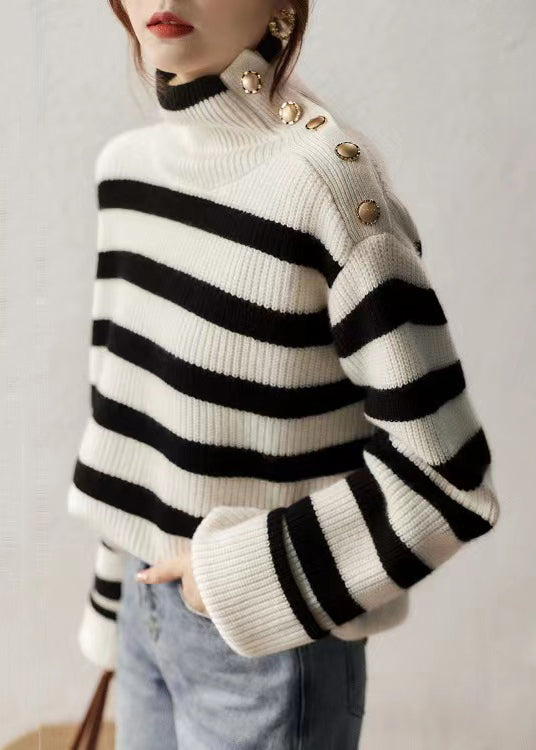 French Striped Turtleneck Patchwork Cozy Knit Sweaters Long Sleeve