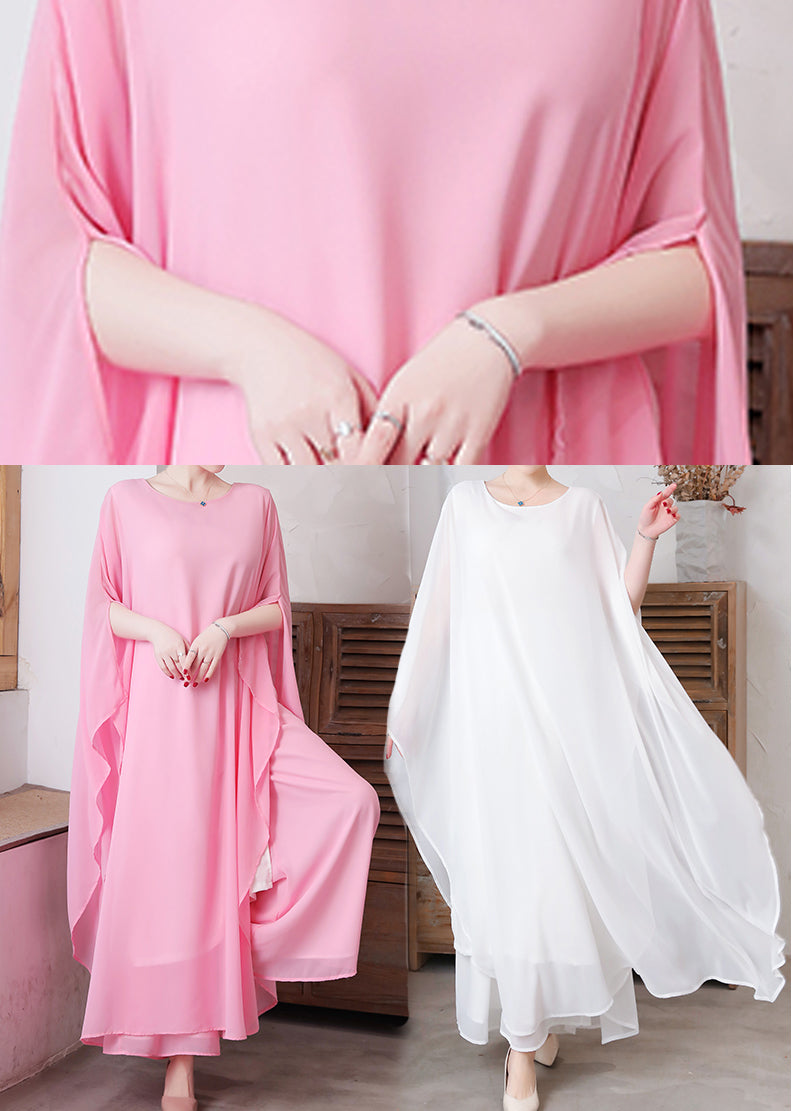 French White Oversized Chiffon Long Dress Two Pieces Set Cloak Sleeves