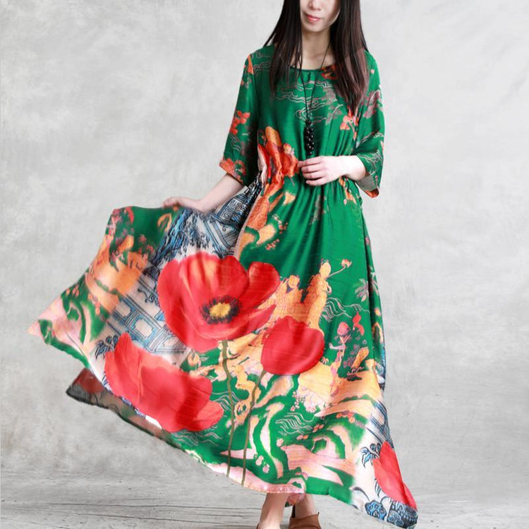 French o neck asymmetric silk blended green print Traveling Dress summer - Omychic