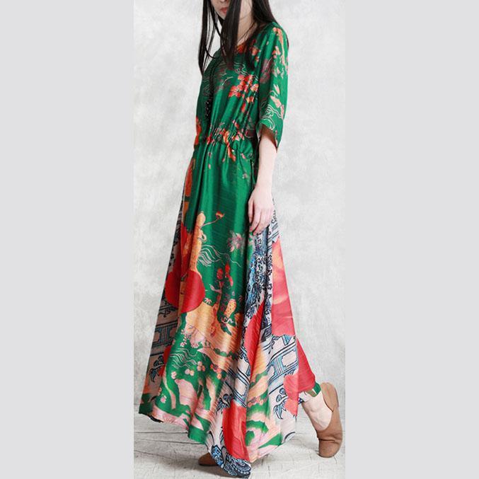 French o neck asymmetric silk blended green print Traveling Dress summer - Omychic