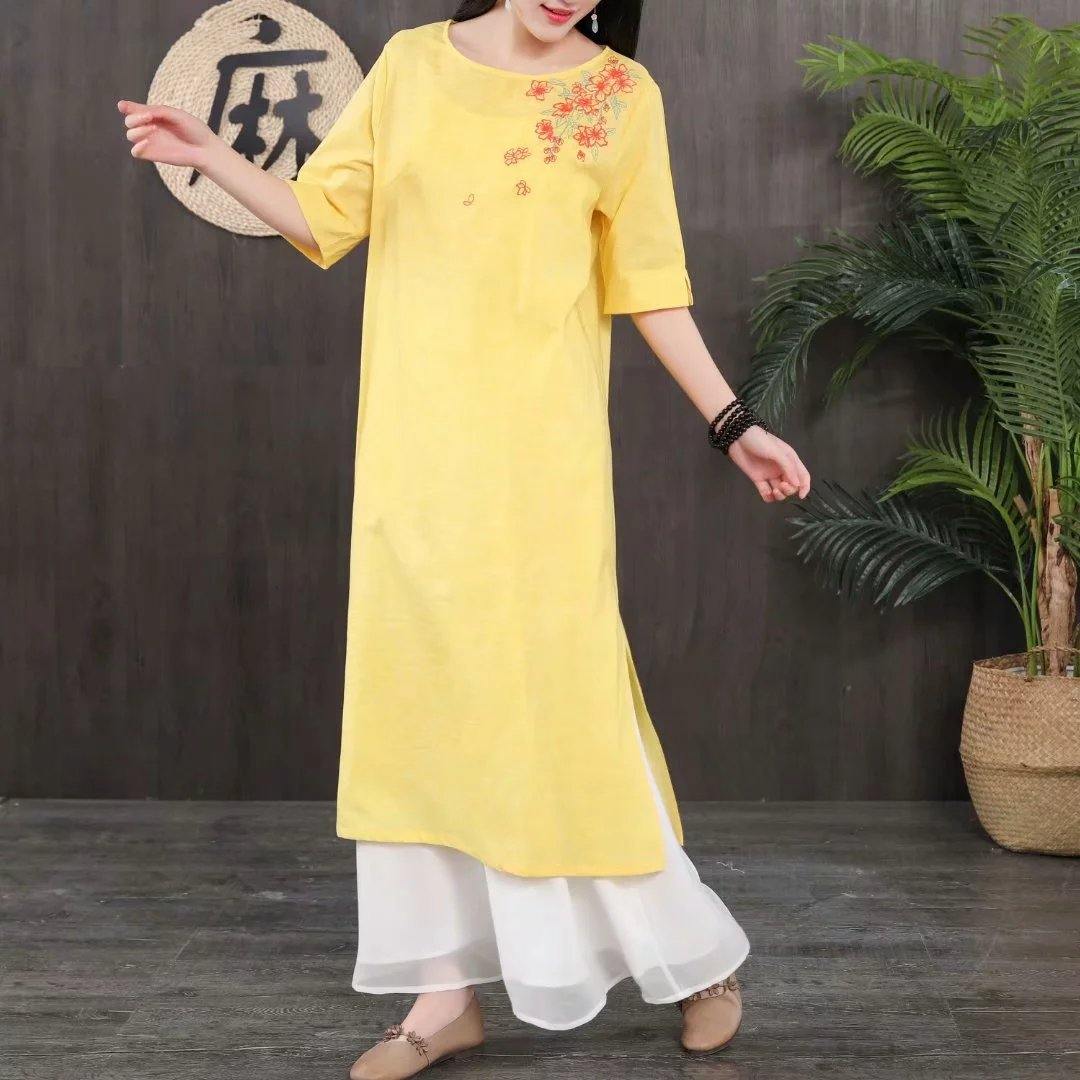 French o neck linen dresses Tunic Tops yellow Dress summer - Omychic