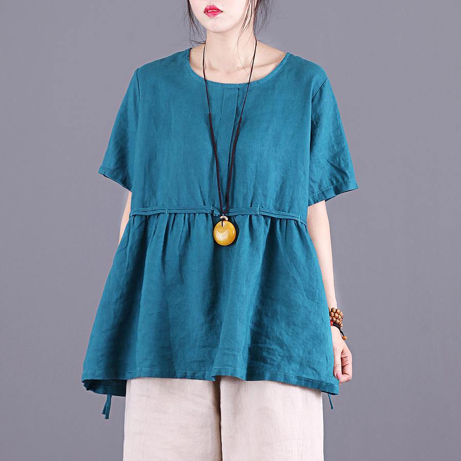 French o neck wrinkled linen clothes Work blue tops summer – Omychic