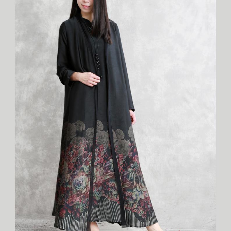 French prints silk cardigan stylish Inspiration black cotton maxi coats patchwork - Omychic