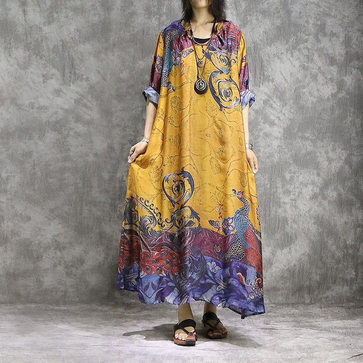 French prints silk tunic dress Fashion design yellow silk Dresses summer - Omychic