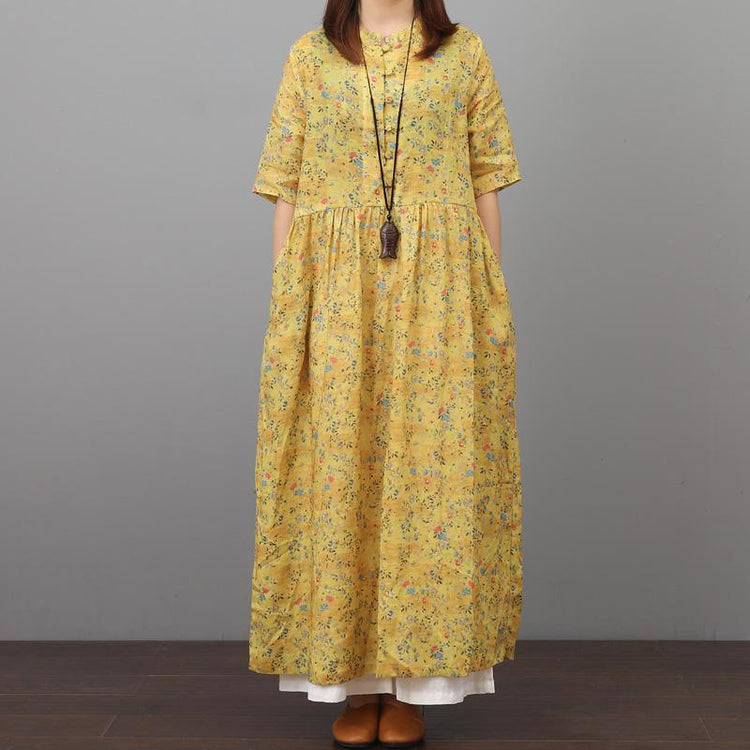 French wrinkled linen dress Online Shopping yellow prints Dress summer - Omychic