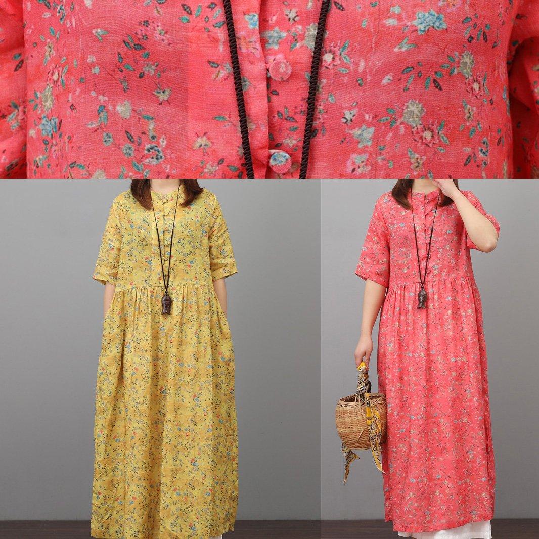 French wrinkled linen dress Online Shopping yellow prints Dress summer - Omychic