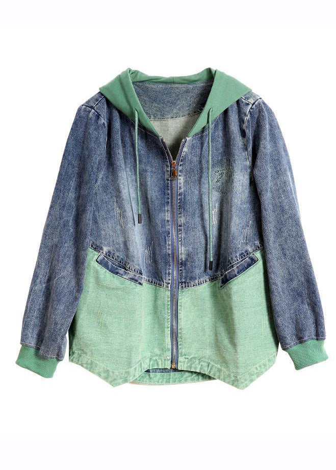 Green Drawstring Pockets Hoodie Denim Coat Long Sleeve