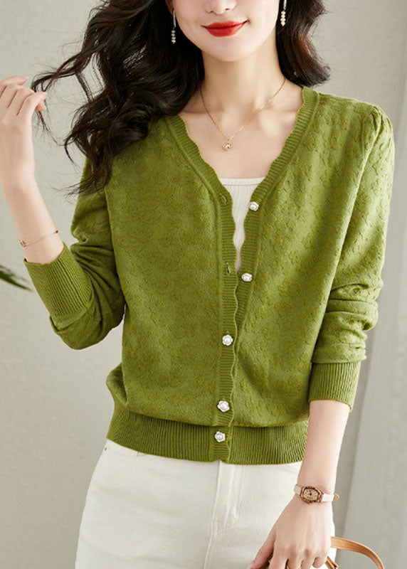Green Embroideried Button Solid Knit Cardigans Fall