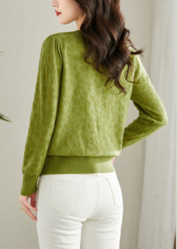 Green Embroideried Button Solid Knit Cardigans Fall
