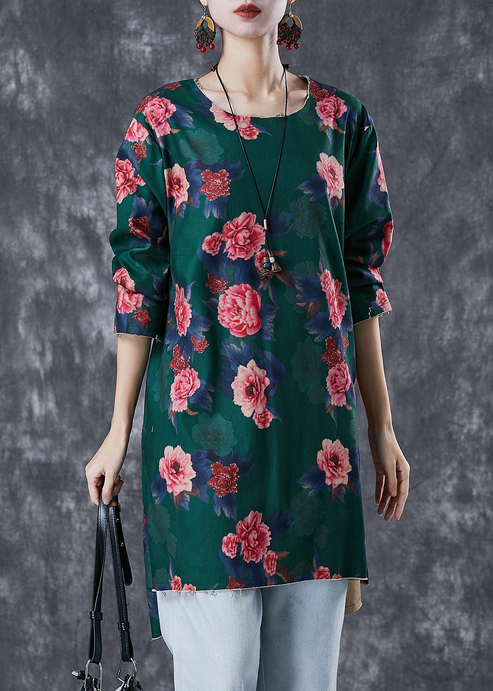 Green Floral Print Linen Mini Dress Side Open Fall