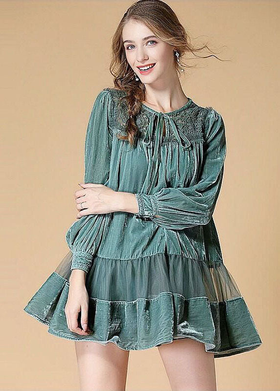Green Patchwork Velour Day Dress Embroideried Hollow Out Spring