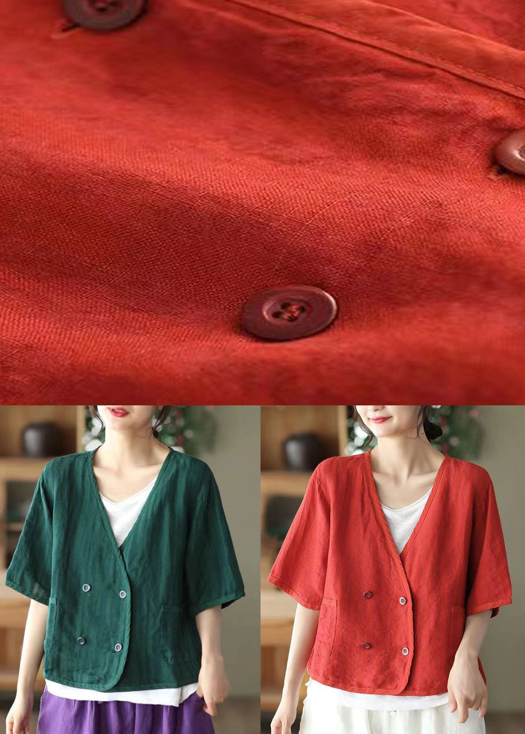 Green Pockets Patchwork Linen Cardigan V Neck Summer