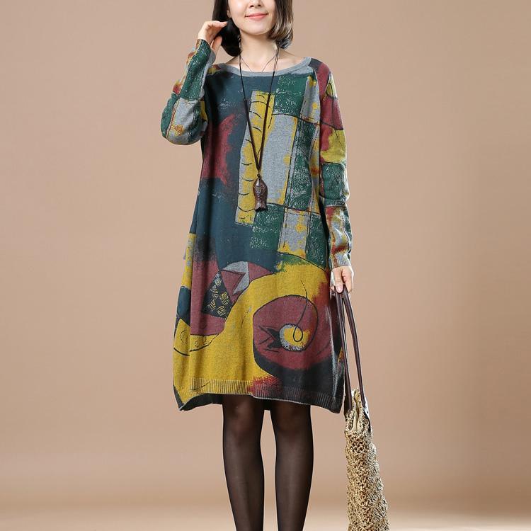 Green print autumn dresses plus size dress - Omychic