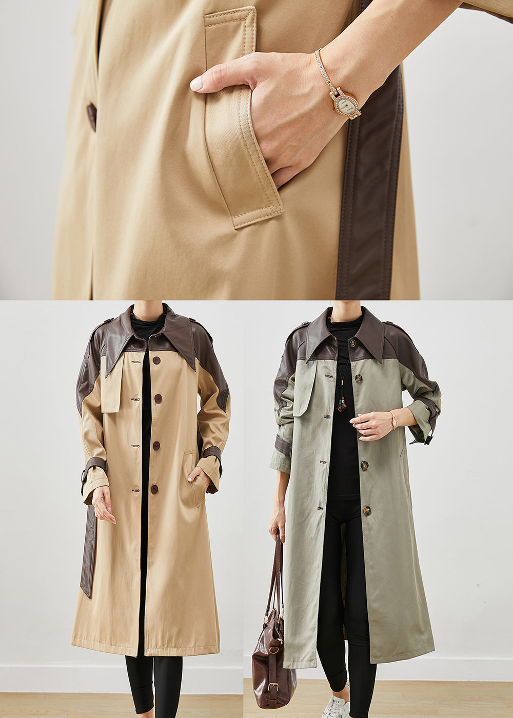 Grey Green Patchwork Cotton Trench Peter Pan Collar Spring