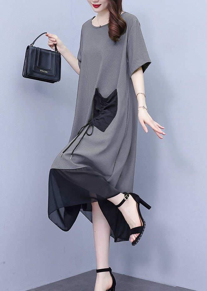 Grey O-Neck Wrinkled Chiffon Maxi Dresses Summer