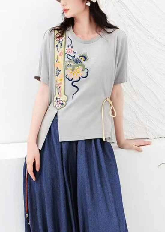 Grey Original Design Cotton T Shirt O Neck Embroideried Summer