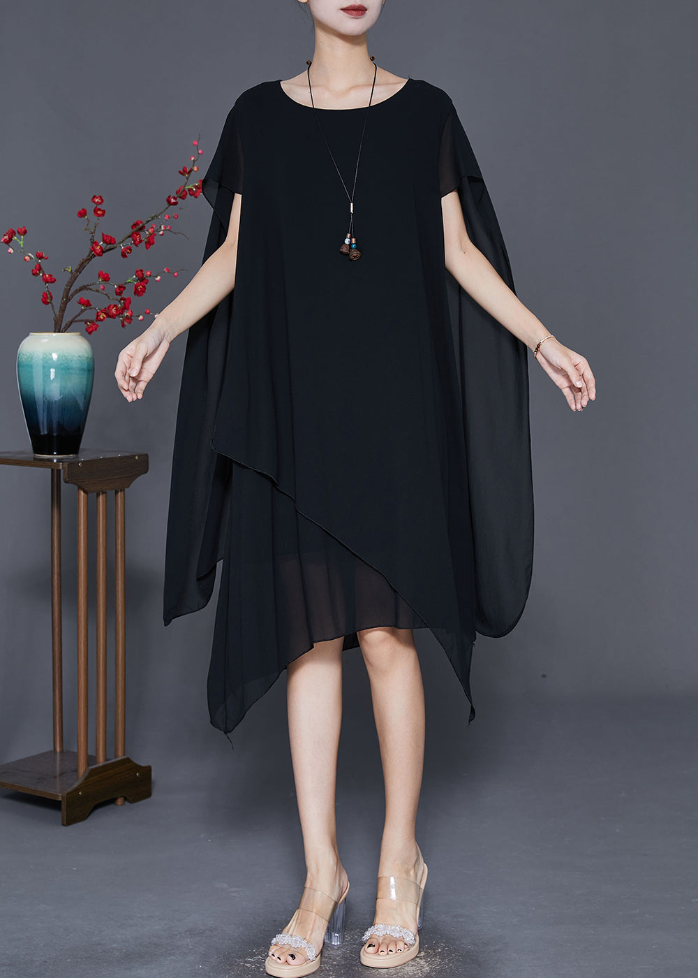 Handmade Black Asymmetrical Design Chiffon Maxi Dresses Summer