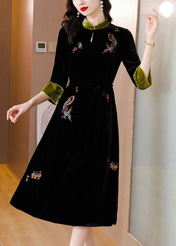 Handmade Black Stand Collar Embroideried Pockets Silk Velour Long Dresses Long Sleeve