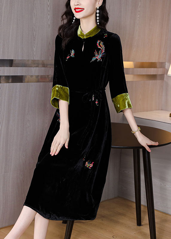 Handmade Black Stand Collar Embroideried Pockets Silk Velour Long Dresses Long Sleeve