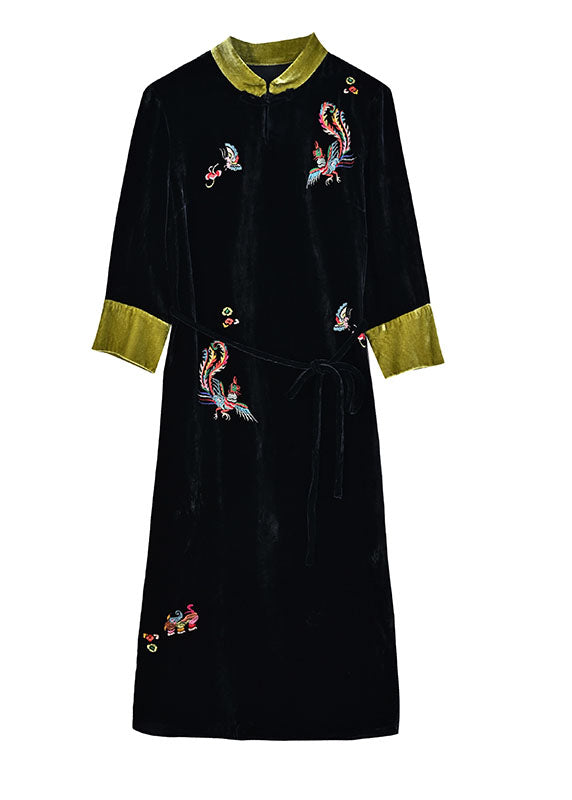 Handmade Black Stand Collar Embroideried Pockets Silk Velour Long Dresses Long Sleeve