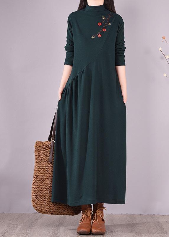 Handmade Blackish Green Embroidery Clothes High Neck Cinched Robes Spring Dresses - Omychic