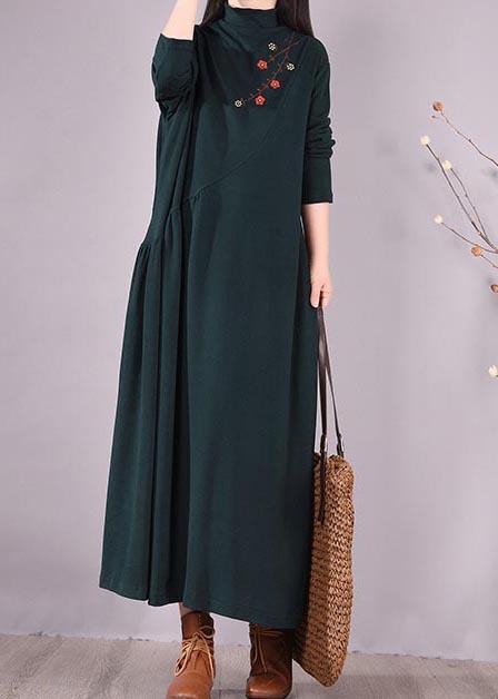 Handmade Blackish Green Embroidery Clothes High Neck Cinched Robes Spring Dresses - Omychic